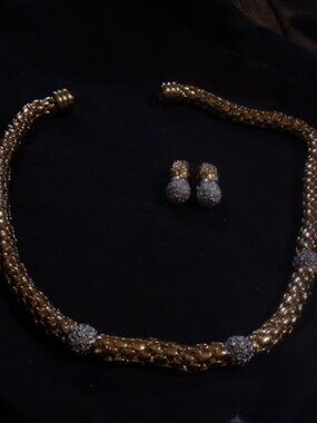 VTG RAVIV 80s Runway Panther Link Necklace & Earring Set Gold Pave Crystal